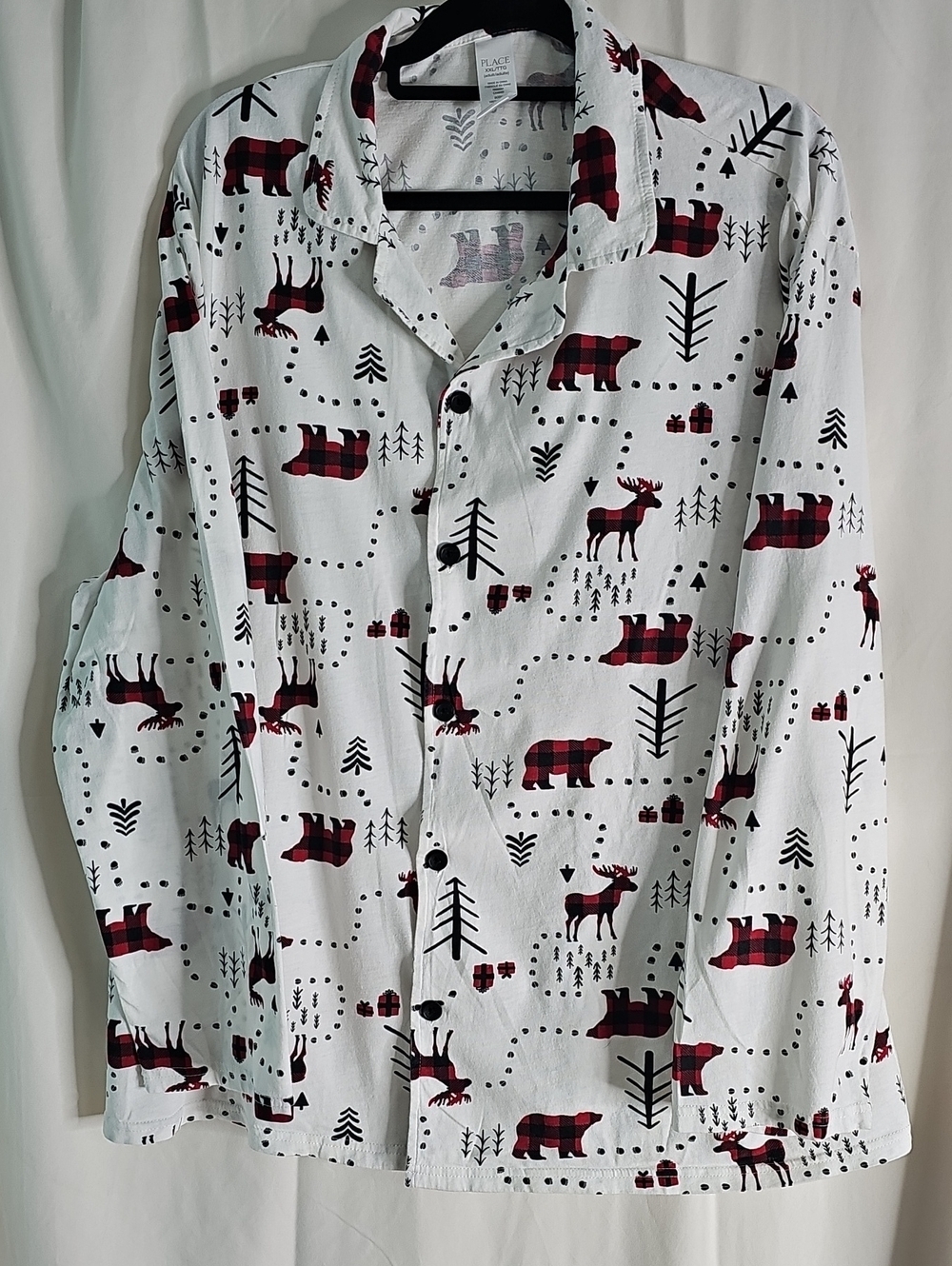 Place White Button-Down Sleep Shirt with Red Plaid Bear & Moose Print
